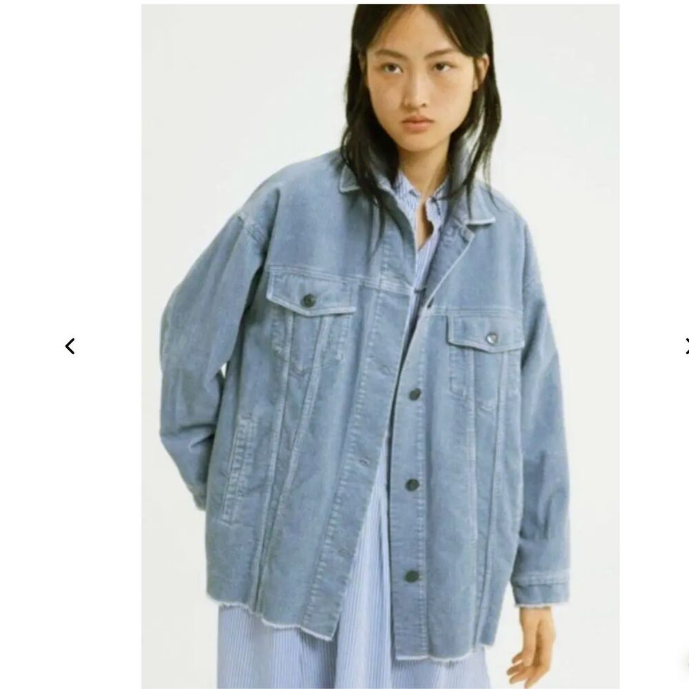 Zara Oversized Corduroy Trucker Jacket Womens XS Baby Blue Raw Hem Gorpcore 90s - Picture 1 of 14
